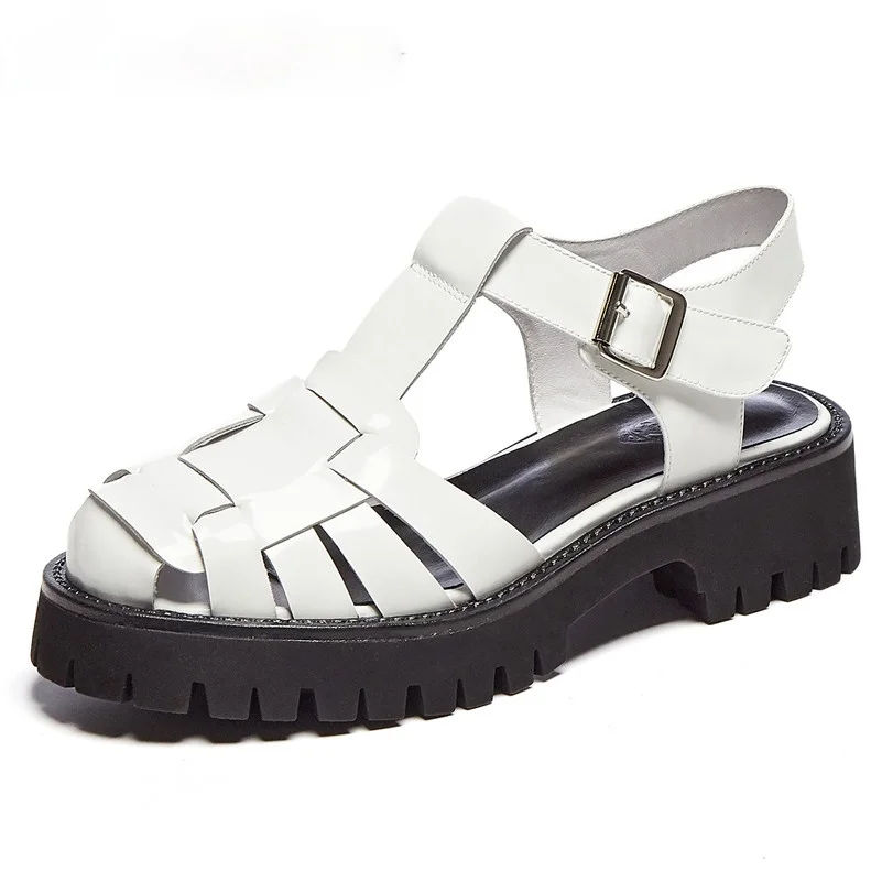 

Platform Wedges Sandals Real Leather Mid Heel Shoes T-Strap Round Toe Female Footwear Buckle Sandals Summer Black New