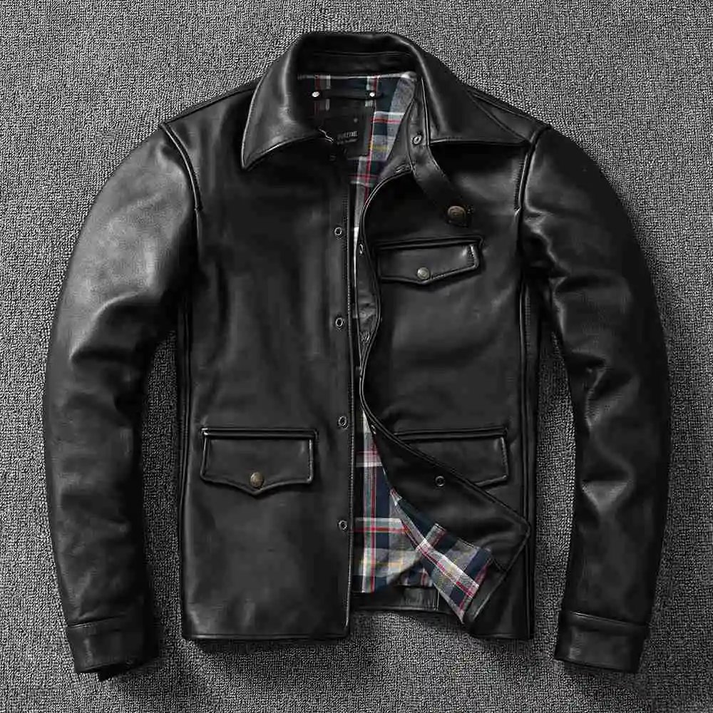 

Free shipping.thick black horsehide clothes.classic brakeman leather jacket,quality men genuine leather coat,sales.super
