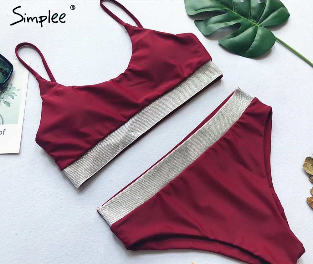 Simplee блестящие стринги Женский комплект бикини купальный костюм с пуш ап высокая