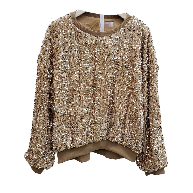 

2021 Spring Autumn New Fashion Sequins Decorative Hoodies Women's Long Sleeve Pullover All-Matching Oversized Sweatshirt Hoody