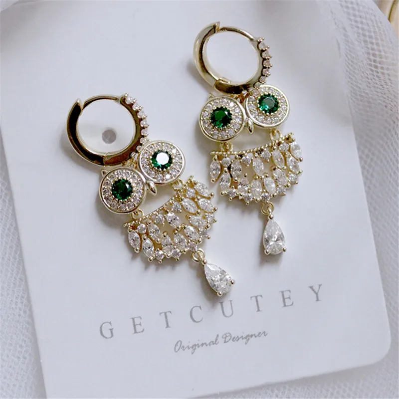 Серьги-клипсы S925 для женщин Высококачественная инкрустация зеленая стразы Сова