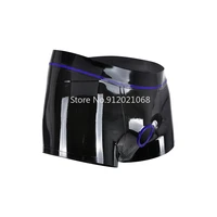 handmade men black latex boxer shorts with ring hole blue trims pants rubber underwear latex lingerie boxers shorts