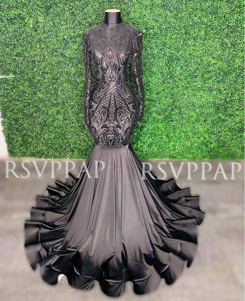 

Black Mermaid Long Prom Dress 2021 Real Pictures Open Back Sequin Top Long Sleeve African Girl Prom Dresses