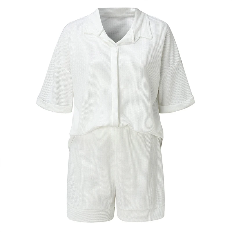 

Split Loose Women's Shirt Shorts Two Piece Set Solid Half Sleeve Turn-down Collar Cardigan And Mini Pants Ladies Sets Casual New