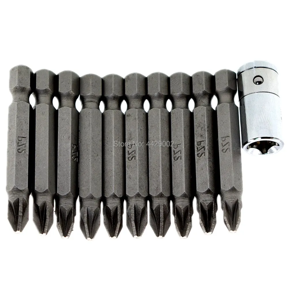 

1/4" Drive Square Socket to 1/4" Hex Bit Adapter Converter & 10x PZ2 50mm Pozi-drive 2 Screwdriver Drill Bits Set Magnetic