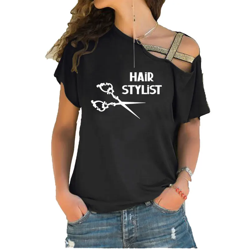 

Hair Stylist Scissors Barber print Summer Women tshirt Cotton Summer Short Sleeve Irregular Skew Cross Bandage T shirt