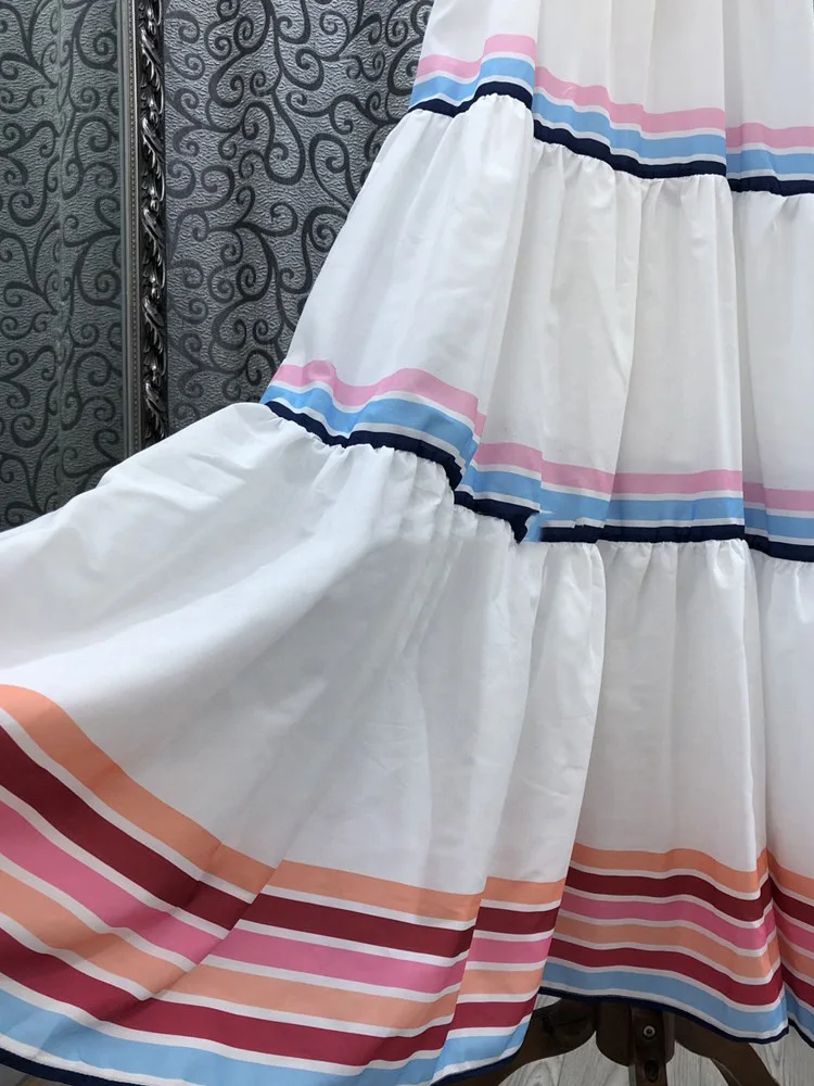 

Retro color stripes sexy leaky shoulders sleeveless suspenders dress ladies summer new high waist A-line big swing multi-level