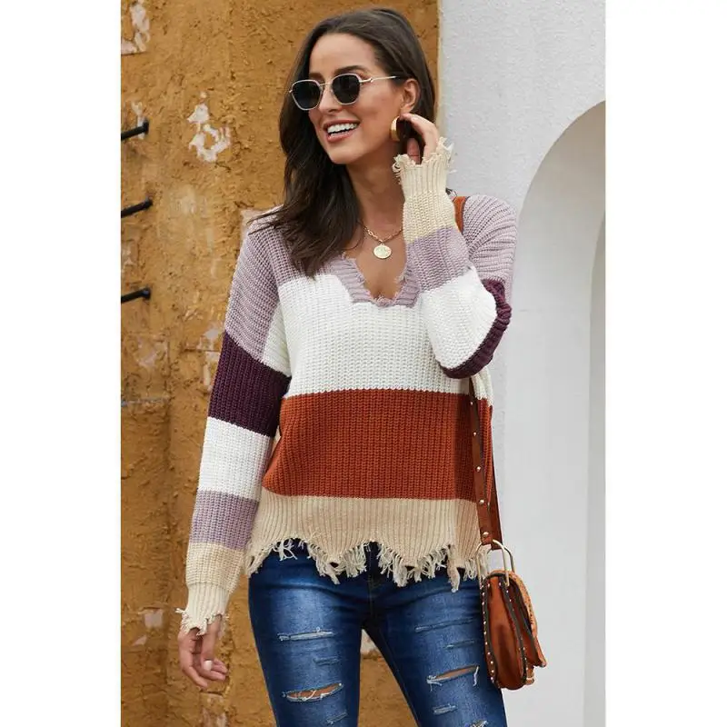 Осень и зима новый свитер женский цветной воротник v-образным вырезом с длинными