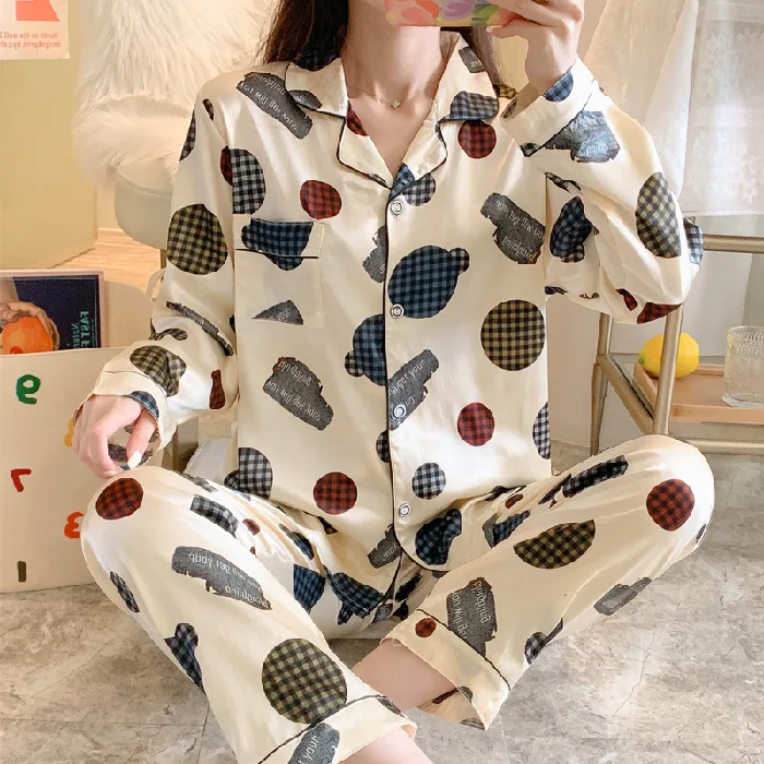 Пижама женская с отложным воротником и длинным рукавом на осень весну женское из