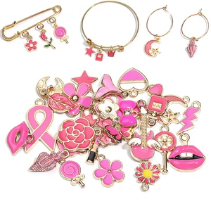 30pcs/Lot Pink Lips Lipstick Flowers Heart Enamel Charms For Jewelry Making For Women DIY Bracelet E in Pakistan