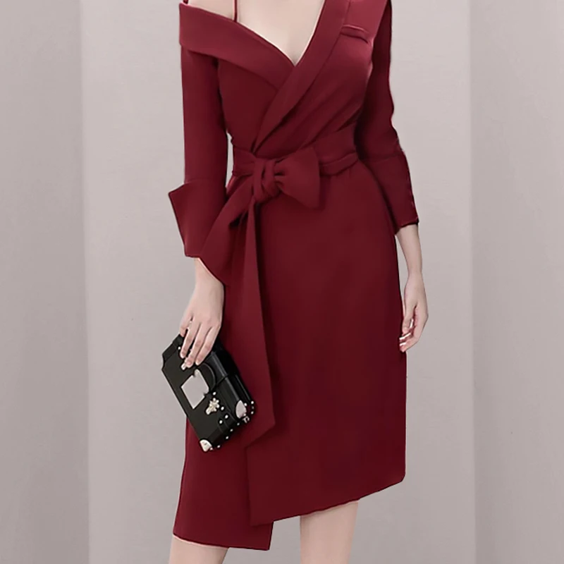 Женское асимметричное платье макси Spri красное офисное миди с длинными рукавами и