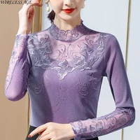 wireless age t shirt women long sleeve round neck embroidered flower lace commute womens tops new summer fashion wild t shirt