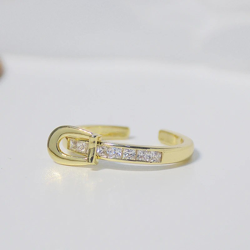 

Ins Hot Advanced 14k Real Gold Belt Buckle Rings for Women Jewelry Adjustable Open Design Inlay High Quality AAA Zirconia Party