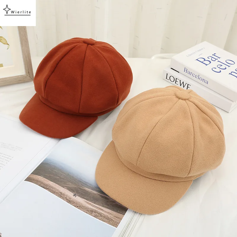 

Hat female autumn and winter British octagonal hat Korean version sweet pure wool BERET warm duck tongue hat wholesale