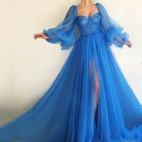 dubai evening dresses 2019 a line sweetheart long sleeves tulle islamic saudi arabic blue long evening gown prom party dress