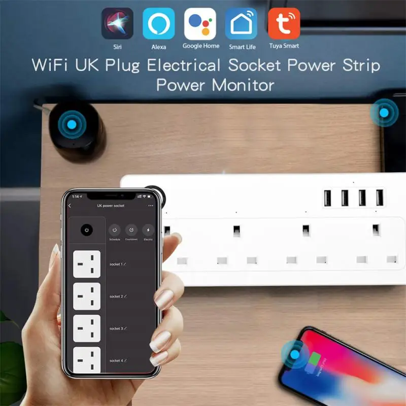 

WiFi Smart Wireless Plug UK Adaptor Remote Voice Control 4 USB Port Outlet Strip Smart Home Timer Socket For Alexa Google Home