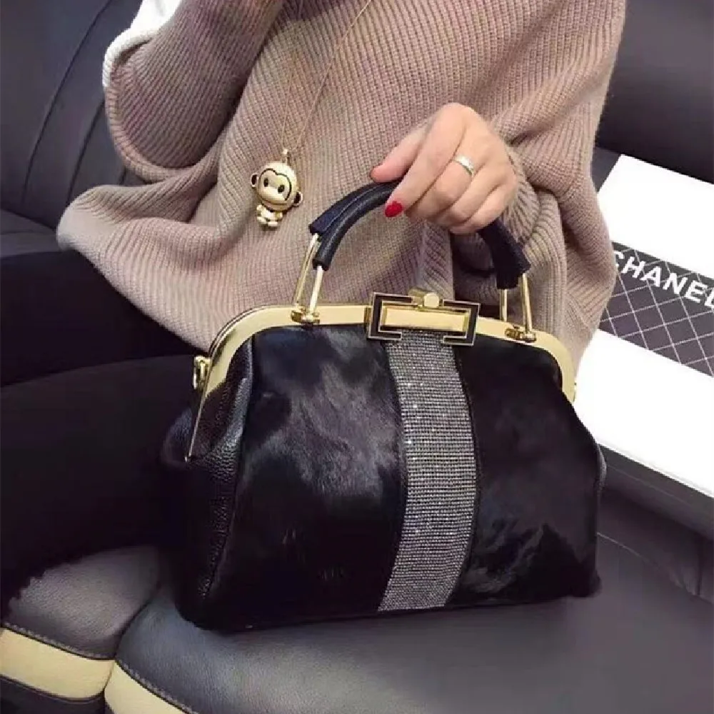 

Ladies Horsehair Bag New One-shoulder With Diamond Trendy Temperament Hand-held Personality Boston Bag Korean Version Clip Bag