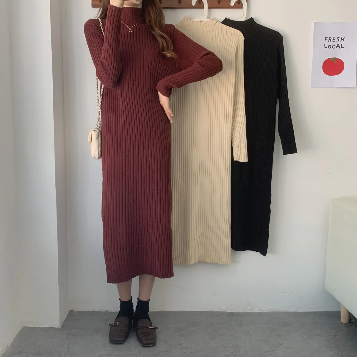 

Early Autumn New Dress Children's Wear 2021 New Korean Half High Neck Slim Long Sleeve Bottomed Knitted Skirt