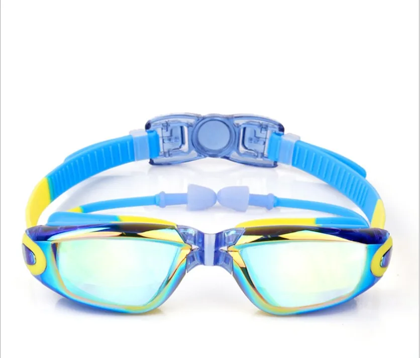 Kids Swimming goggles Anti-Fog UV prescription glasses waterproof goggle with Case,Nose Clip,Earplugs for kids swimming in pools - Цвет: Platingcolorful blue