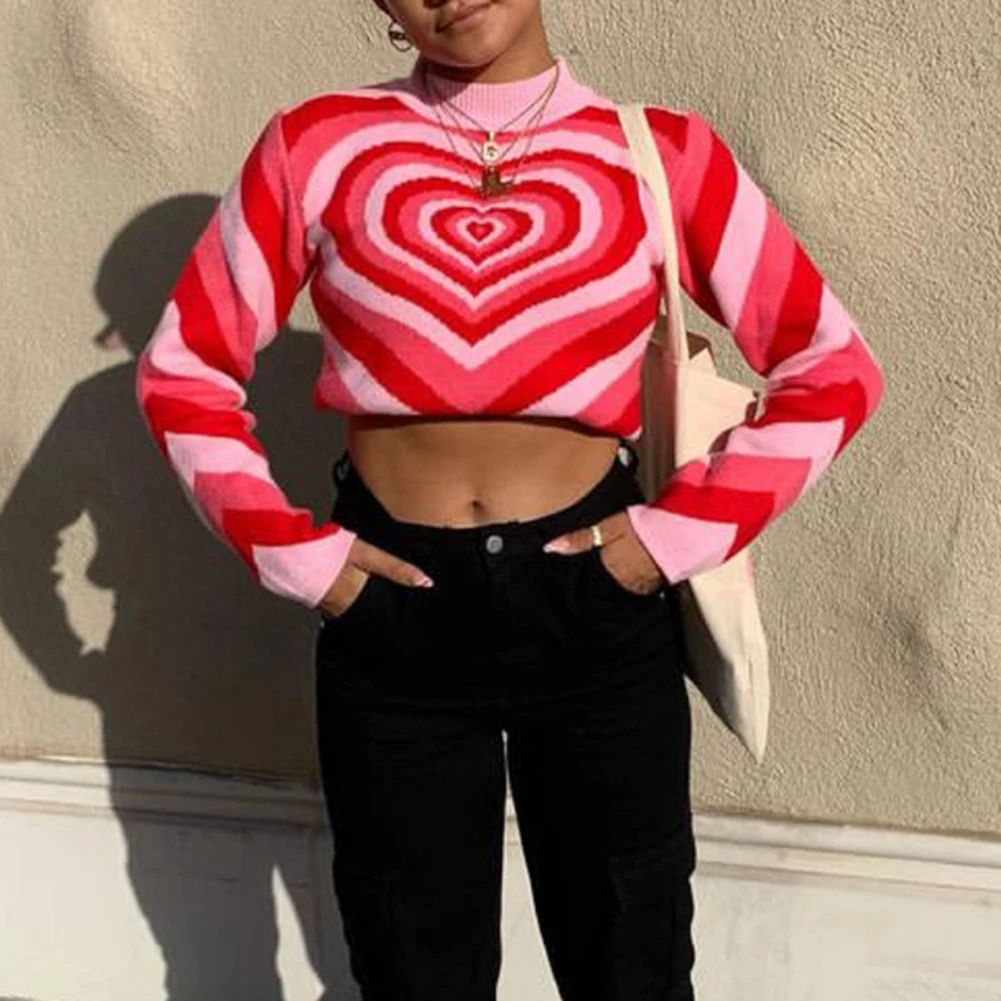 Женский трикотажный свитер Y2K пуловеры в полоску с сердечками для девочек Милый