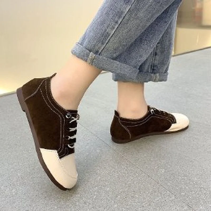 

Туфли женские из натуральной кожи, плоская подошва, на шнуровке, круглый носок, удобная холщовая повседневная обувь, Вулканизированная подо...