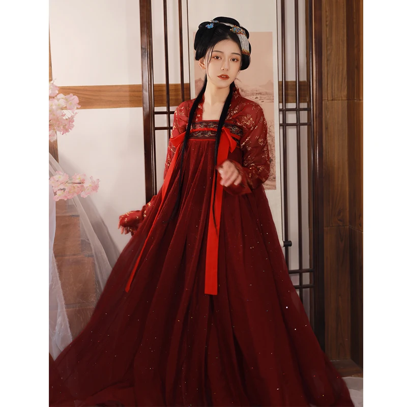 Красный старинный китайский костюм ханьфу, женский китайский традиционный костюм ханьтан ханьфу, сценическое платье, SL1274