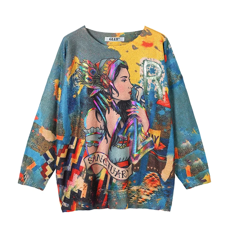 

Sweater Women Casual Long Image Sleeve Abstract Face T-shirt Autumn Tops Fashion Elegant Multi-element style 2021