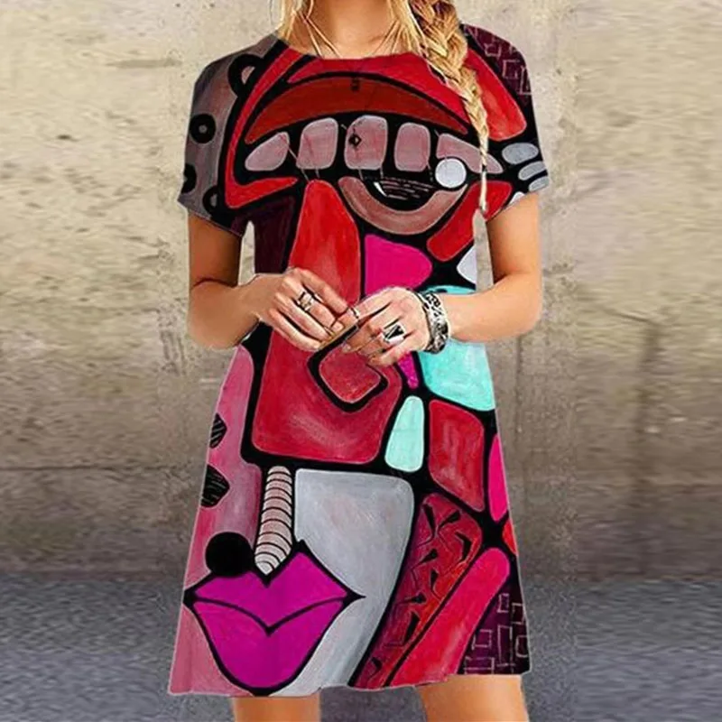 

Women's Summer Fashion Printed Plus Size Casual Loose Round Neck Female Short Sleeve Dress