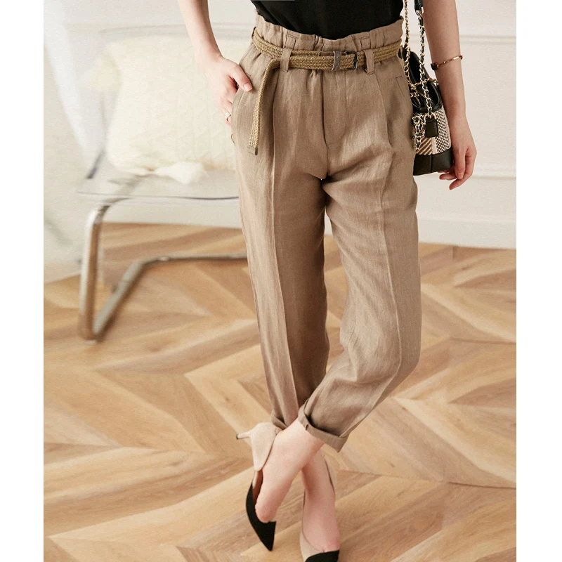 

New high end Lafite belt linen pants loose casual Harlan pants nine point pants women s summer thin high waist