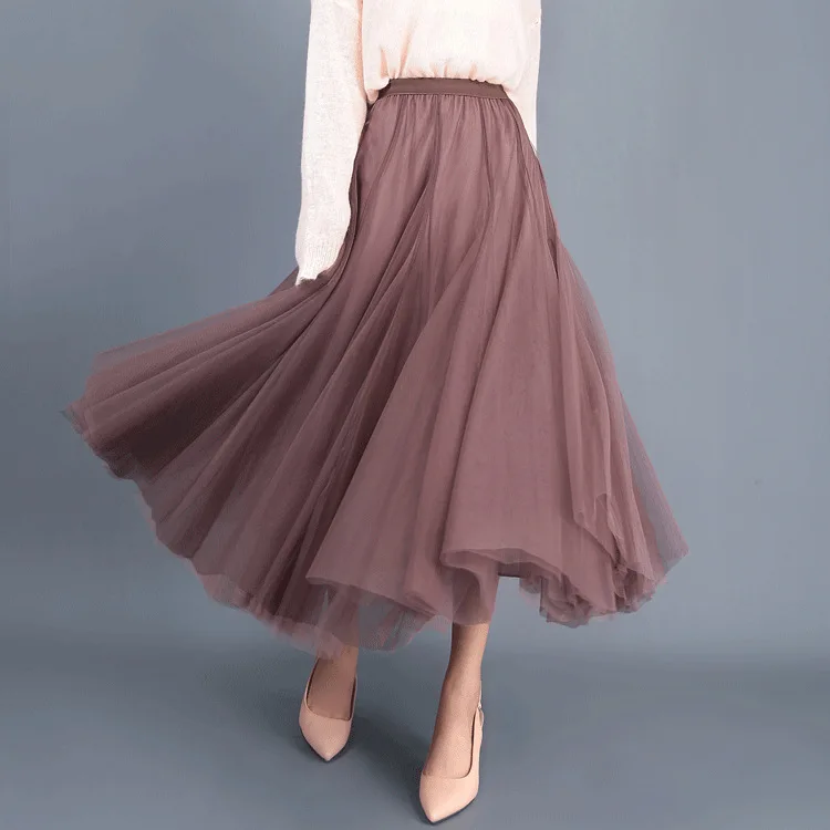

Fashion Women Ladies Solid High Waist Casual Lace Mesh Tulle Long Skirt Layered Maxi Summer Long Skirts