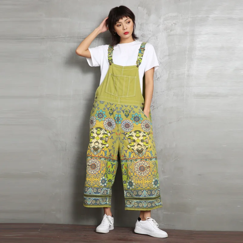 Женский джинсовый комбинезон с принтом повседневный длинный из денима широкими