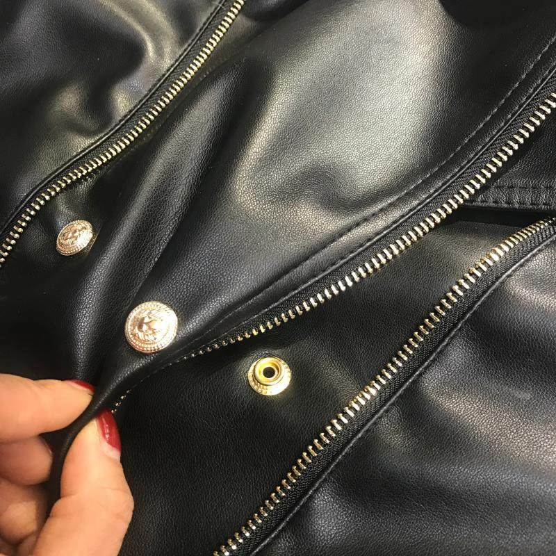 2021 New Fashion Designer Women's Leather Jacket Buttons Double Zippers Motorcycle Biker Faux Coat Spring PY160 | Женская одежда