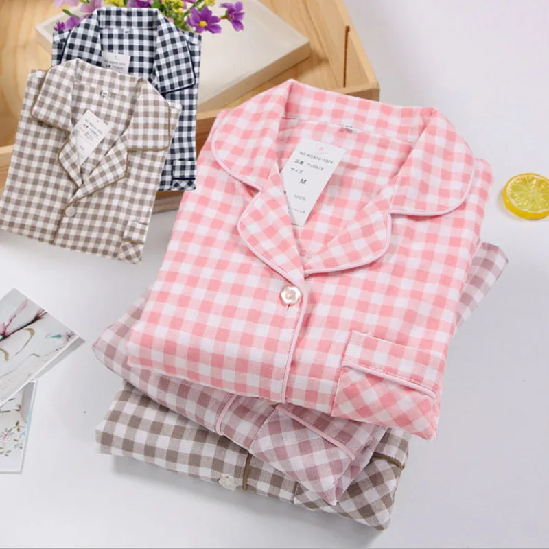 

100% Cotton Plaid Pajamas Set Full Sleeve T-shirt Long Pants 2Piece/Set Hot Pyjama Big Size Mom Homewear Cozy Casual Sleepwear
