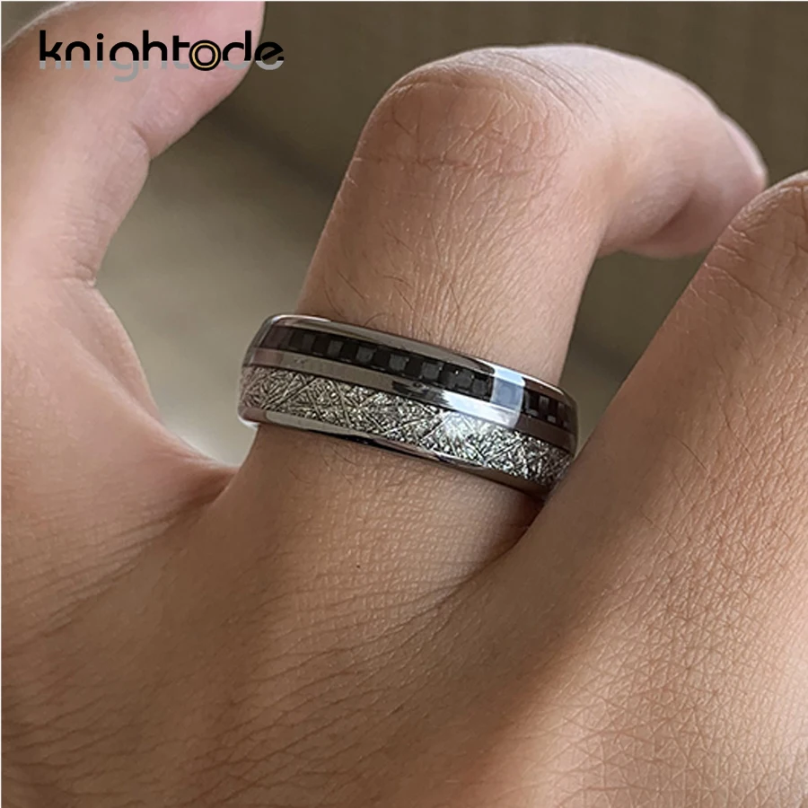 8 мм кольца из карбида вольфрама белый метеорит/Черный инкрустация углеродного