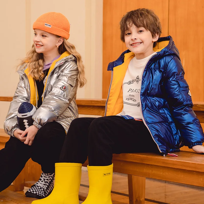 Chaqueta de plum&oacute;n de pato para ni&ntilde;o y ni&ntilde;a, abrigo corto impermeable con capucha gruesa de Color s&oacute;lido, prendas de vestir de invierno, 90%-0
