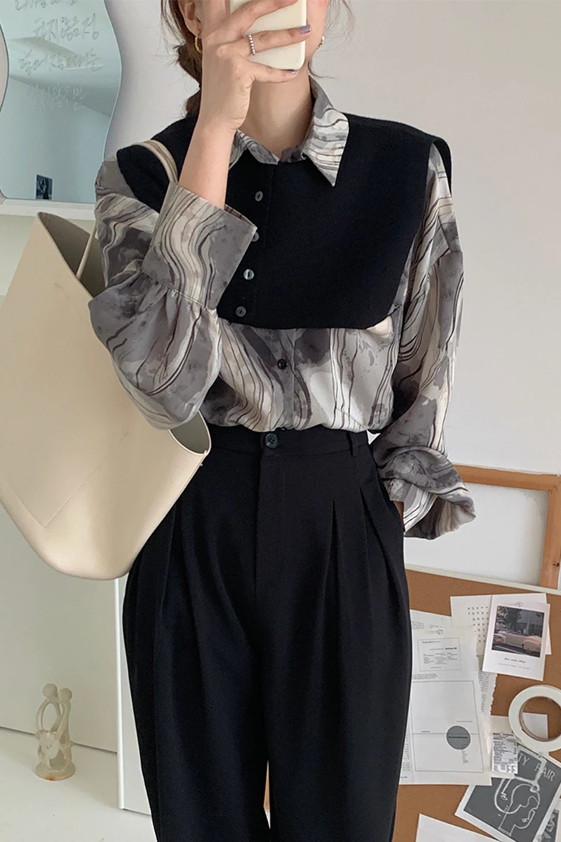 

ZCSMLL Two Pieces with Shawl Women Tops Korea Chic Retro Lapel Rendering Printed Shirt + Outer Vest Shawl 2021 Spring Summer