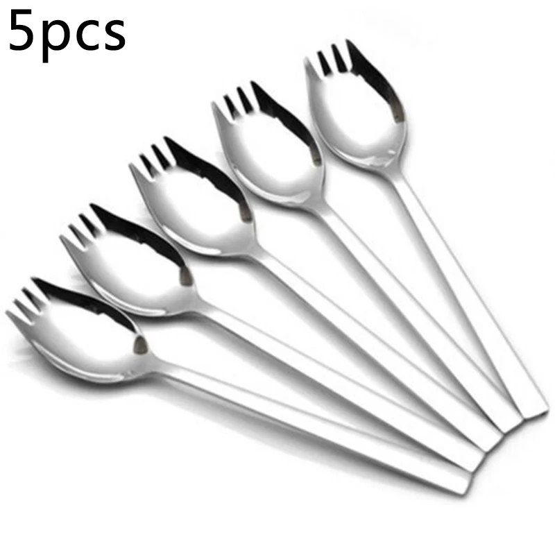 

5Pcs Stainless Steel Spork Soup Salad Noodle Spoon Fork Ice Cream Salad Dessert Fruit Tableware Multi-Function Silver Spork