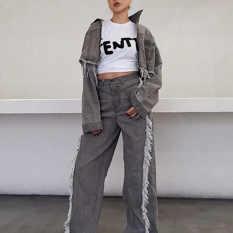 

Tassel Patchwork Casual Denim Women's Set Tide Fashion New Style Turn Down Collar Long Sleeve Loose Personality Lady's Suit