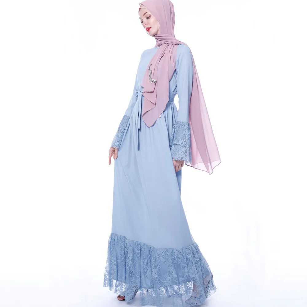 Мусульманское Макси платье абайя женское кружевное на шнуровке с рукавом