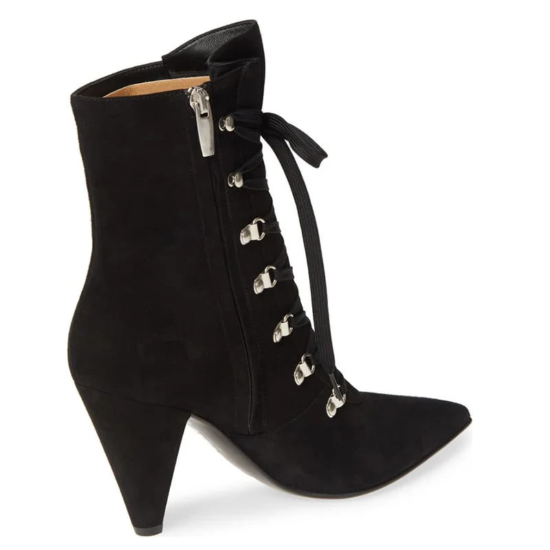 Ботильоны женские из флока на высоком каблуке заостренный носок шнуровке