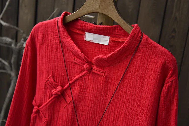 

T-Shirts Women Chinese Style Vintage Solid Cotton Tops Autumn Long Sleeve Shirt Stand Neck Red Color Tshirt 2020 Linen Lady Top