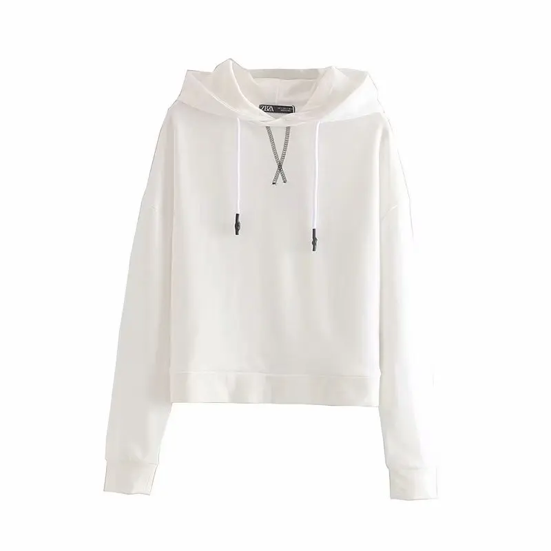 Белый пуловер с капюшоном Толстовка Женская Базовая Осень Зима тонкая шнуровка