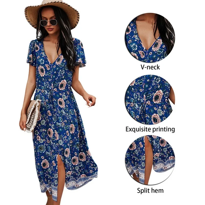 

Women Dresses Summer 2021 Sexy V Neck Floral Print Boho Beach Dress Ruffle Short Sleeve A Line Mini Dress Wrap Sundress Robe