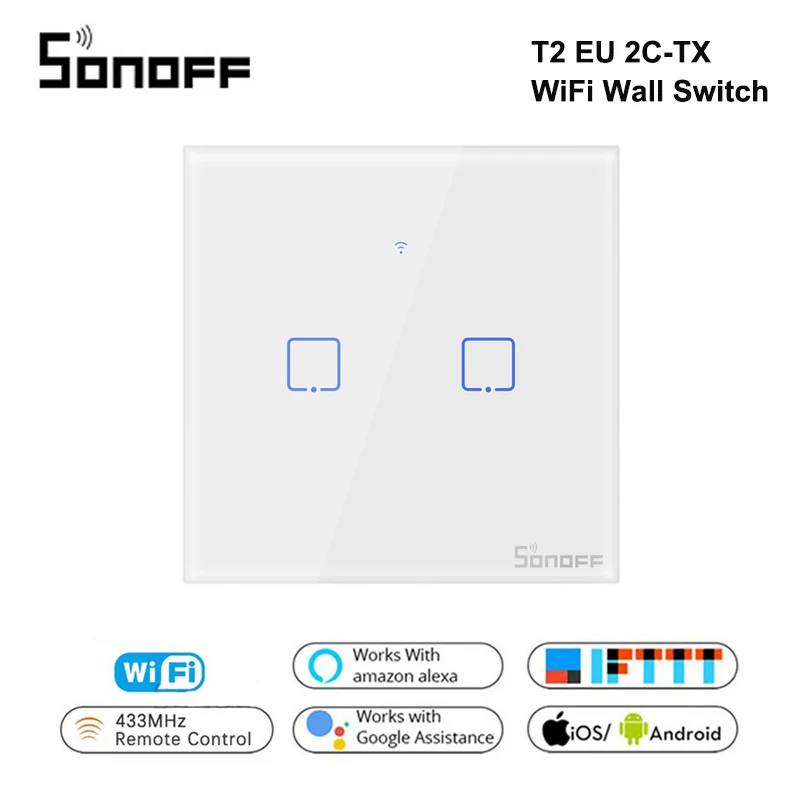 Настенный сенсорный выключатель Sonoff T2 EU 2C TX Wi Fi с краями 433 RF/Voice/APP/Touch Control умный