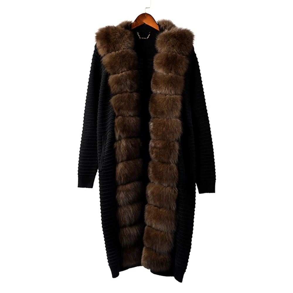 YC032-1 Tatiana Furclub Модное темно-серое трикотажное пальто с поясом зимнее пальто из натурального меха женское тонкое вязаное с лисьим меховым воротником длинное пальто - Цвет: YC032-1