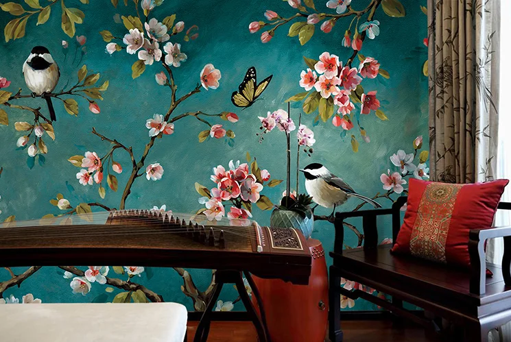 

Hand painted oil painting style wallpaper Chinese flowers and birds retro living room TV background wallpaper