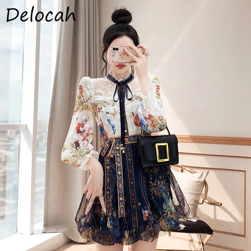 

Delocah New 2021 Autumn Women Fashion Runway Runway Skirt Set Lantern Sleeve Bow Shirts + High Waist Bow Mesh Mini Skirts Suits