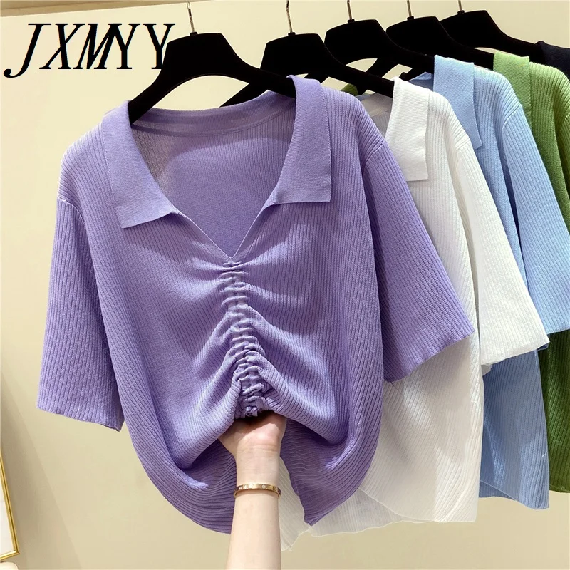 

JXMYY 2021 Fashion Drawstring V-Neck Chic Knit Small Shirt Was Thin And Large Design Sshort-Sleeved T-Shirt Top Female Summer