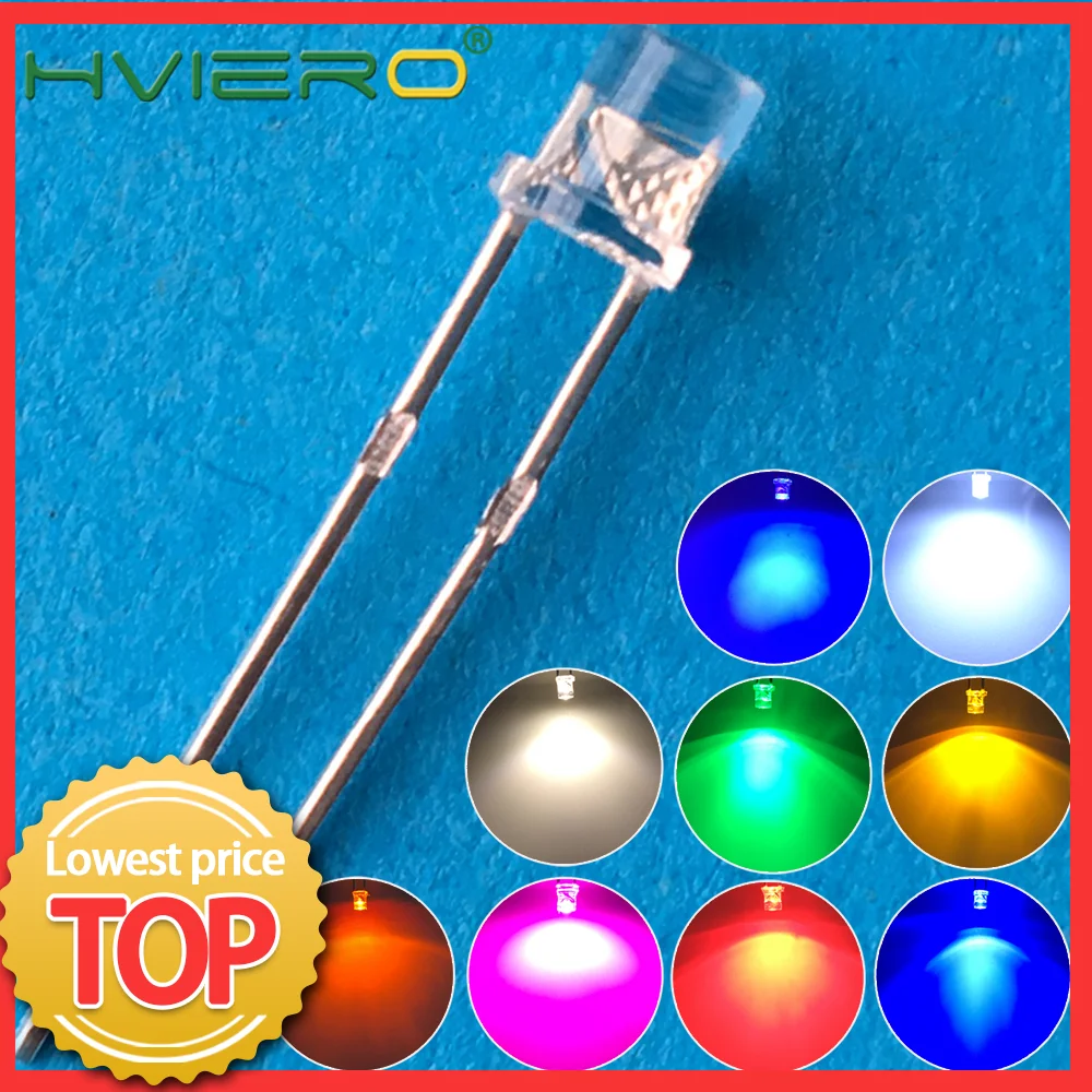 

100pcs F3 3mm 2pins Flat White Red Yellow Blue Green Pink Diode Led Wide Angle Light Emitting Diodes Lamp Ultra Bright LED Bulbs