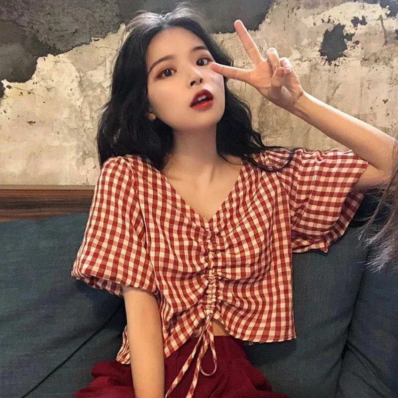 

Summer Women Sweet Blouse Plaid Tops V-Neck Fashion Drawstring Short Sleeve Shirt